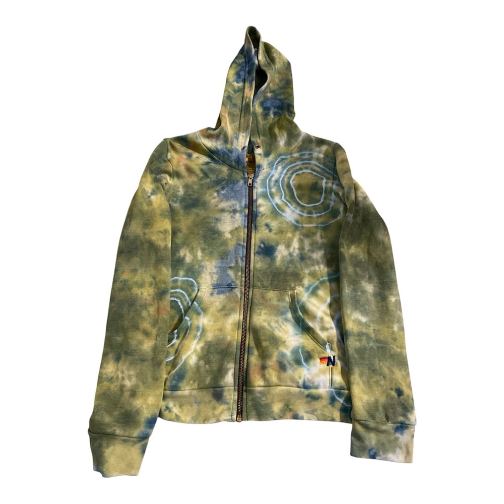 Aviator Nation Hand Dyed zip Hoodie tie dyed green and blue